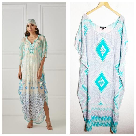 Hemant & Nandita Caftan Small 100% Silk Beach Coverup Blue Chevron Boho Beaded - Picture 1 of 14